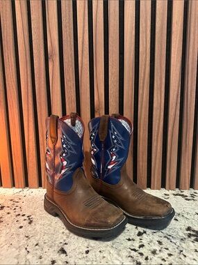 Ariat Brown Leather Work Boots with Blue and Red Patriotic Shaft.